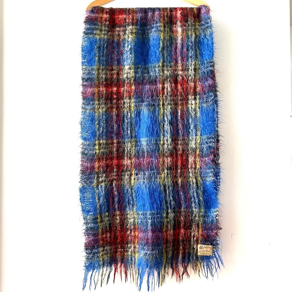 AS IS Vintage Mohair Shawl Royal Stewart  Blue Scotland Plaid Scarf